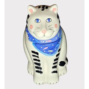 Coco Dowley Smiling Cat Cookie Jar Fish Bib Kerchief White Tabby Kitty 12" High
